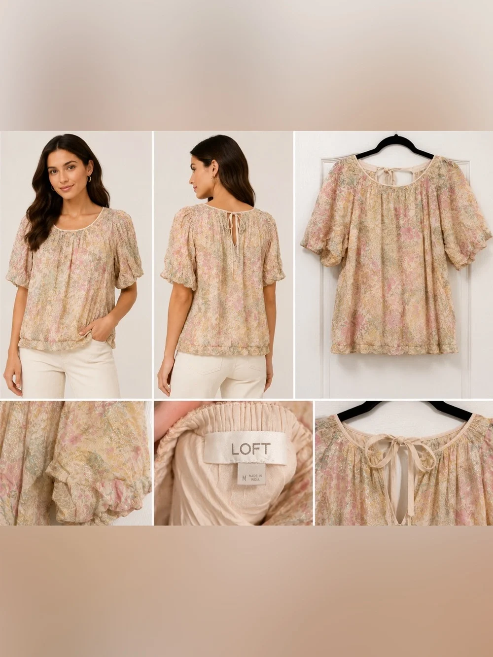 LOFT Cream and Pink Floral Puff-Sleeve Blouse